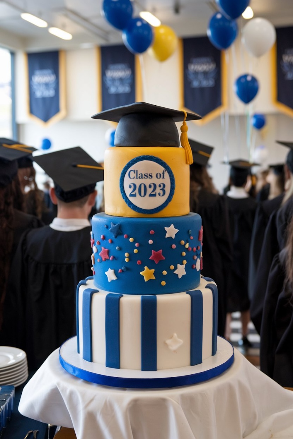 A bold and colorful three-tiered cake in blue and yellow with stars, stripes, and a “Class of 2023” label, topped with a graduation cap, creating a fun and festive look.