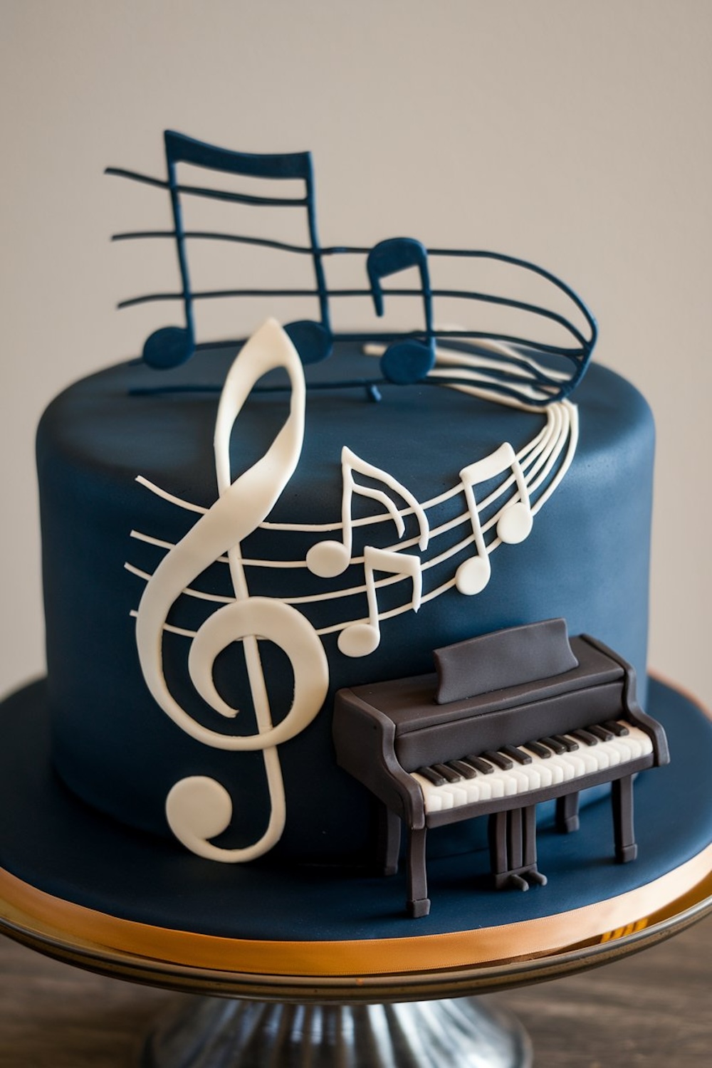 A navy blue cake featuring fondant music notes and a mini piano, designed for a music graduate’s celebration.