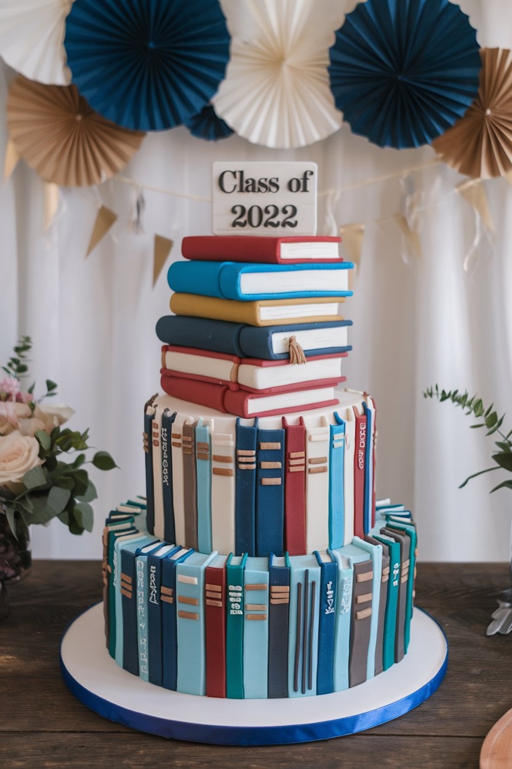 A two-tiered cake designed to look like stacks of books, with a “Class of 2022” topper, ideal for a graduate with a love for academics and reading.