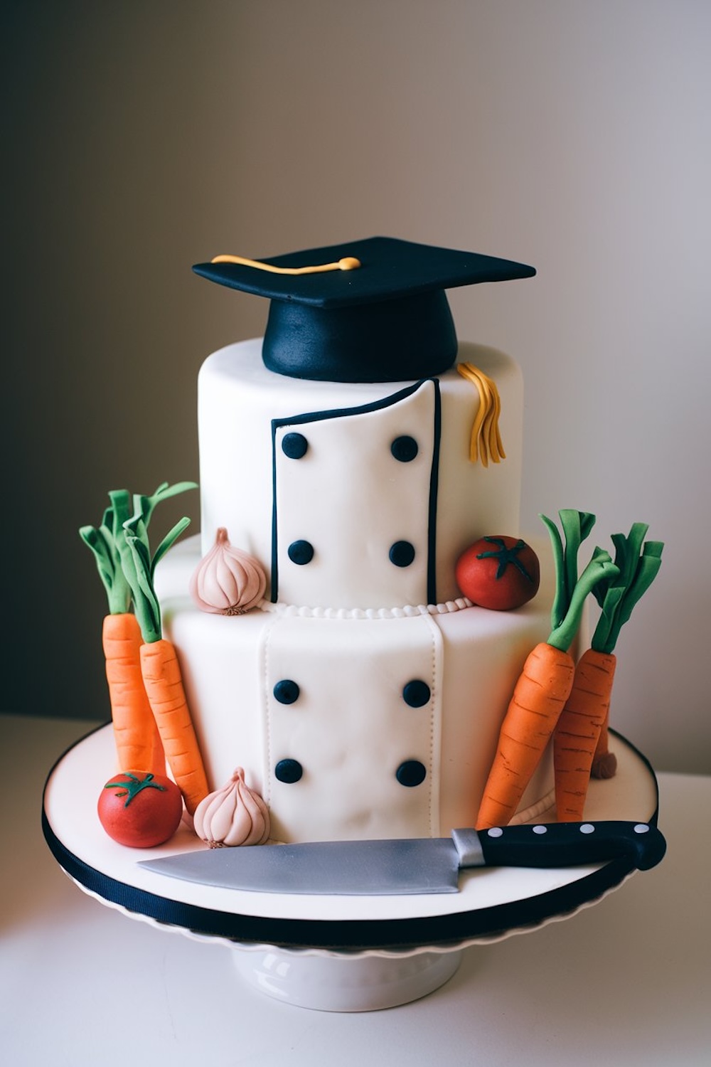 A two-tiered cake decorated as a chef’s uniform with a graduation cap on top, surrounded by fondant vegetables and a knife, perfect for culinary graduates.