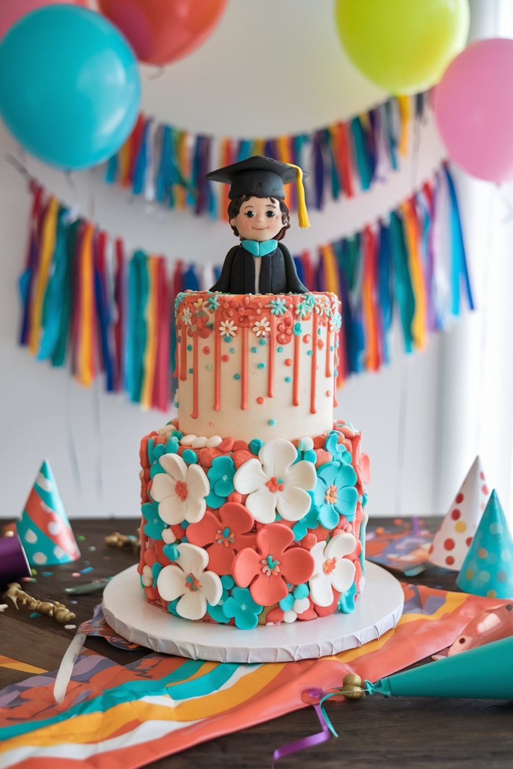 A colorful cake with vibrant flowers and a cute fondant graduate figure wearing a cap and gown on top, ideal for celebrating a young graduate’s milestone.