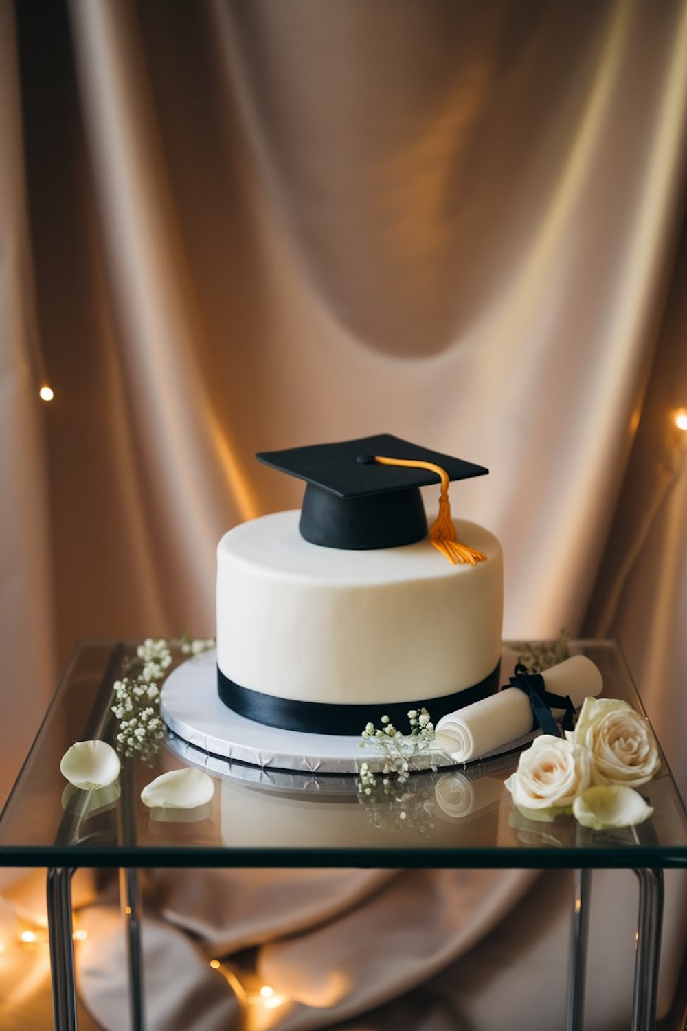 A simple, sleek two-tiered white cake with a black ribbon and a graduation cap on top, accompanied by a diploma scroll and white roses, set against an elegant backdrop.