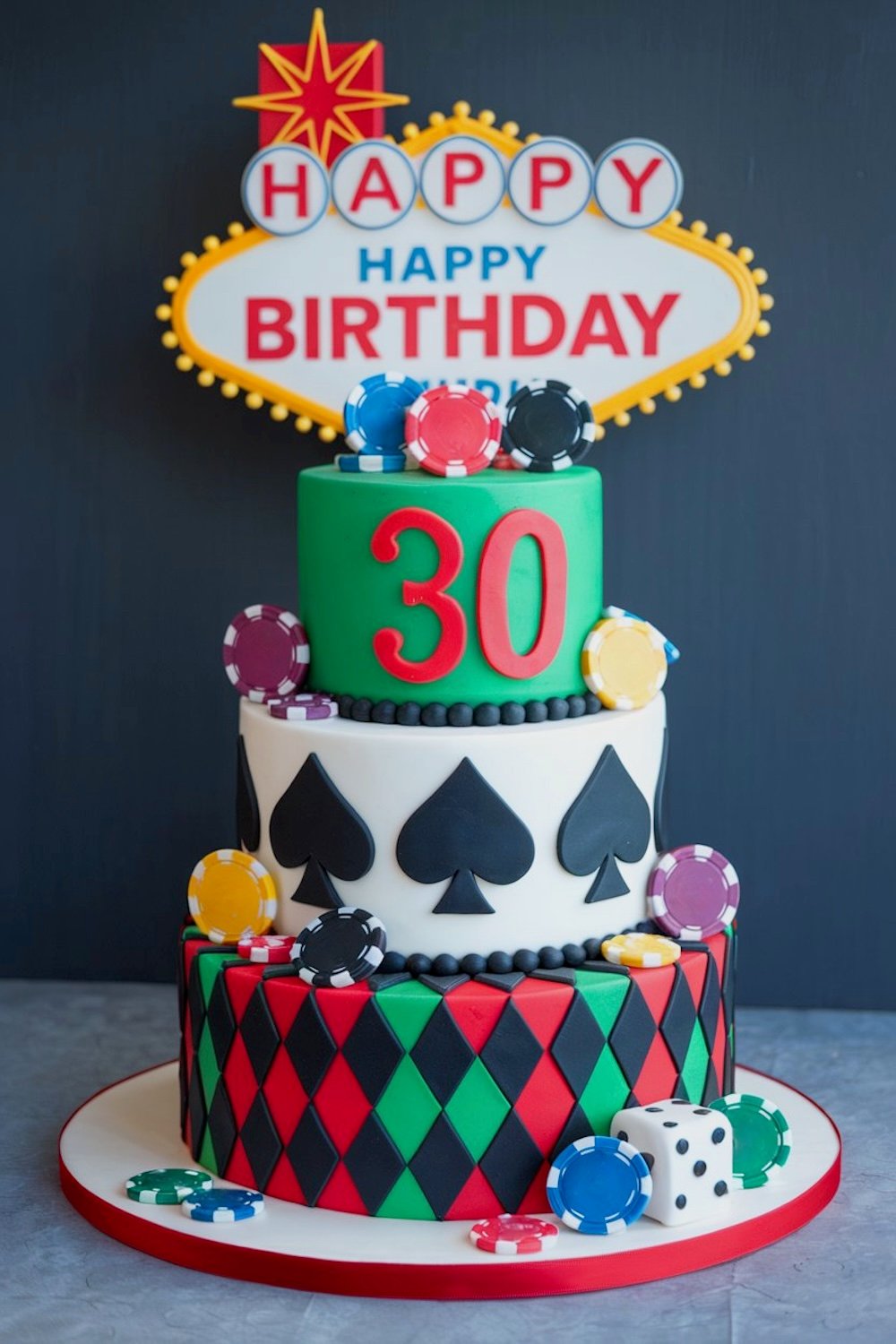 A tiered cake featuring golden glitter accents among red and black casino motifs for a luxurious touch.