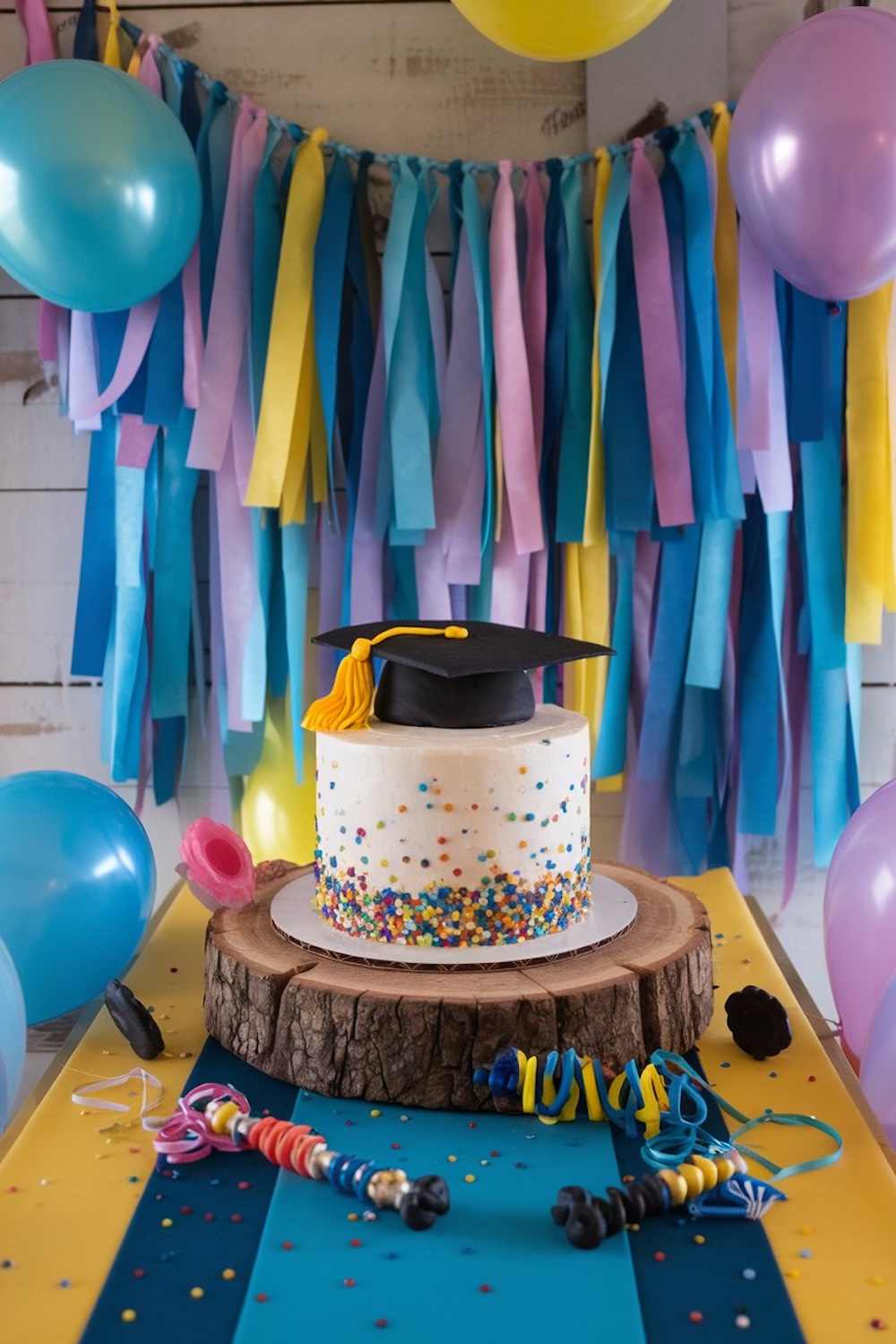 A rustic-inspired single-tiered cake with colorful confetti sprinkles and a graduation cap on top, displayed on a wooden base with festive decorations in the background.
