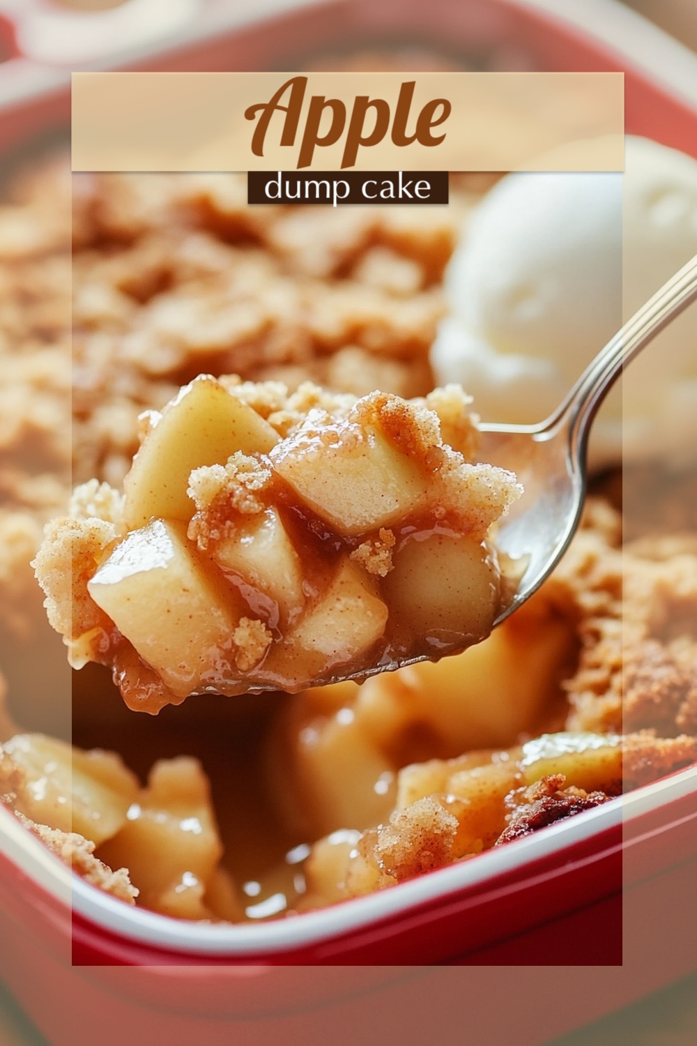 A spoonful of warm apple dump cake topped with cinnamon crumble, served from a red baking dish, with a scoop of vanilla ice cream in the background.