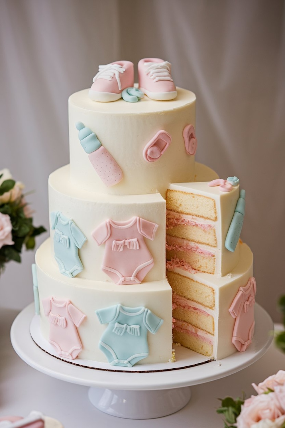 Decorated with adorable fondant baby onesies and shoes, this cake adds a playful touch to your gender reveal celebration.