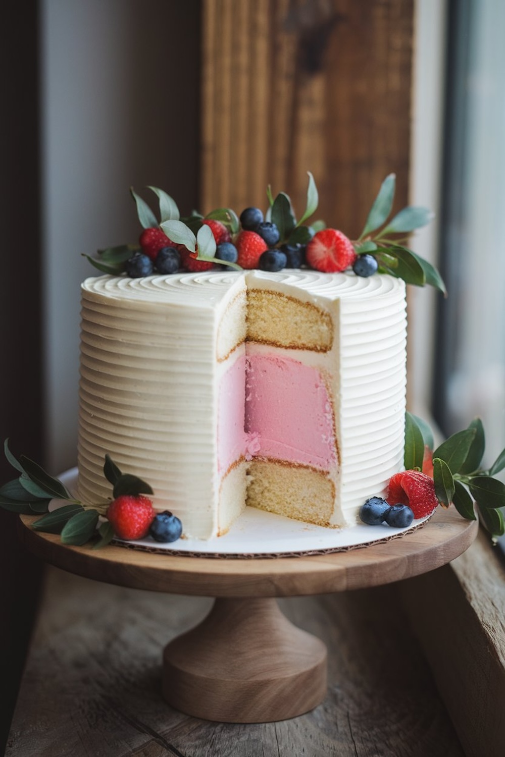 This fresh, minimalist cake is topped with berries and greenery, hiding a sweet surprise with pink or blue filling inside.