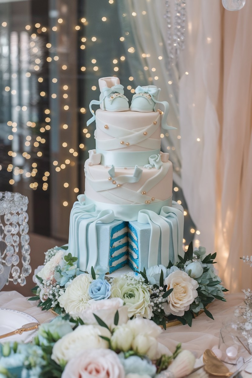 A classic two-tier cake adorned with baby booties, delicate lace details, and pastel flowers, perfect for an elegant gender reveal.