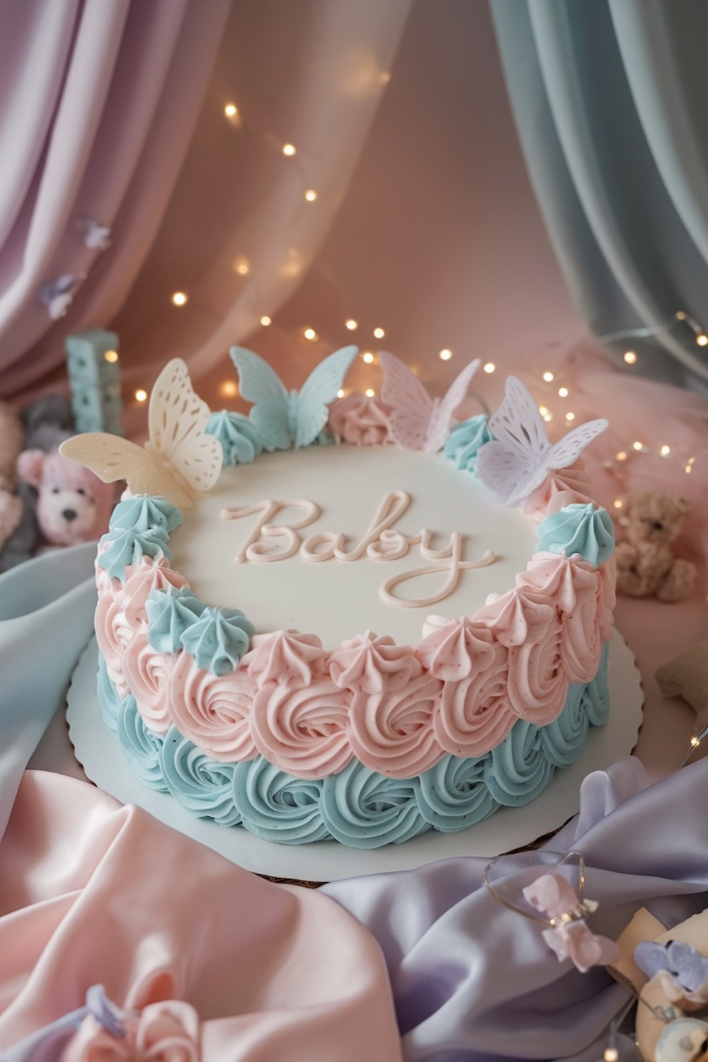 A stunning cake adorned with pink and blue swirls of buttercream, topped with delicate butterfly cutouts for a whimsical gender reveal.