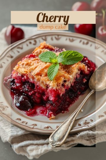 A slice of cherry dump cake with a golden crust and vibrant cherry filling, garnished with a mint leaf, served on a decorative plate with a spoon.