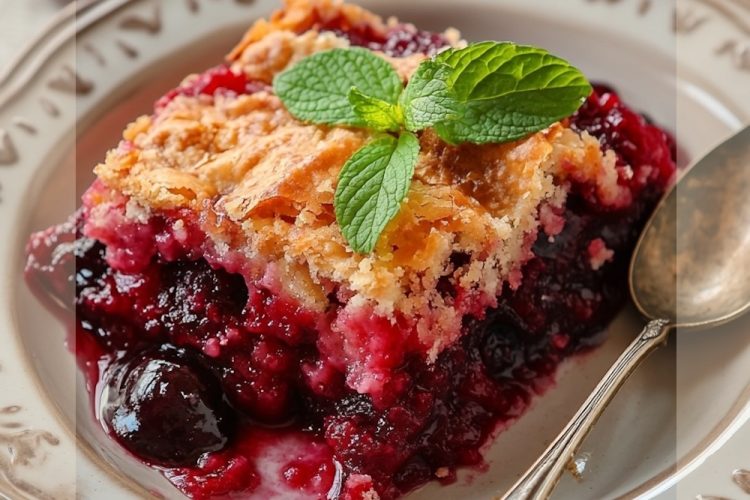 A slice of cherry dump cake with a golden crust and vibrant cherry filling, garnished with a mint leaf, served on a decorative plate with a spoon.