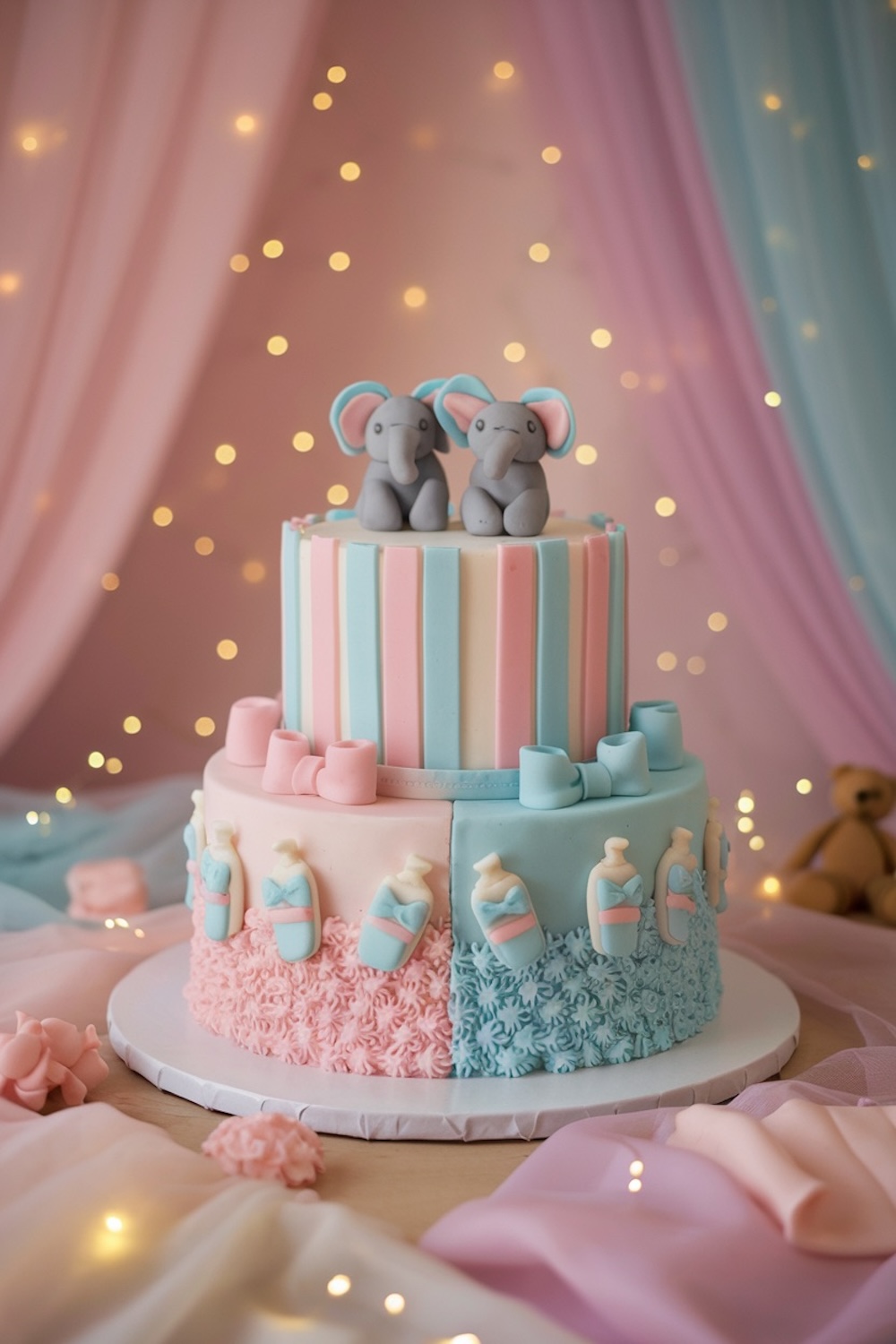 With charming fondant elephants on top and alternating pink and blue layers, this cake brings a cute and cuddly vibe to the big reveal.