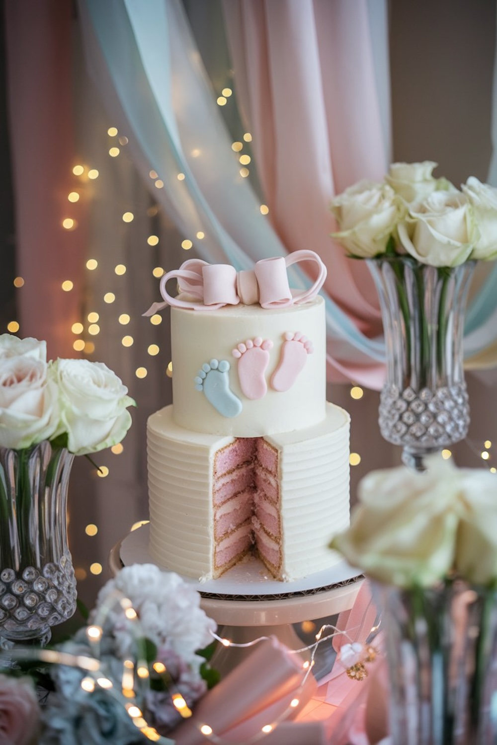 A delicate two-tier cake featuring footprints and a fondant bow on top, with layers of pink inside to reveal the big surprise.