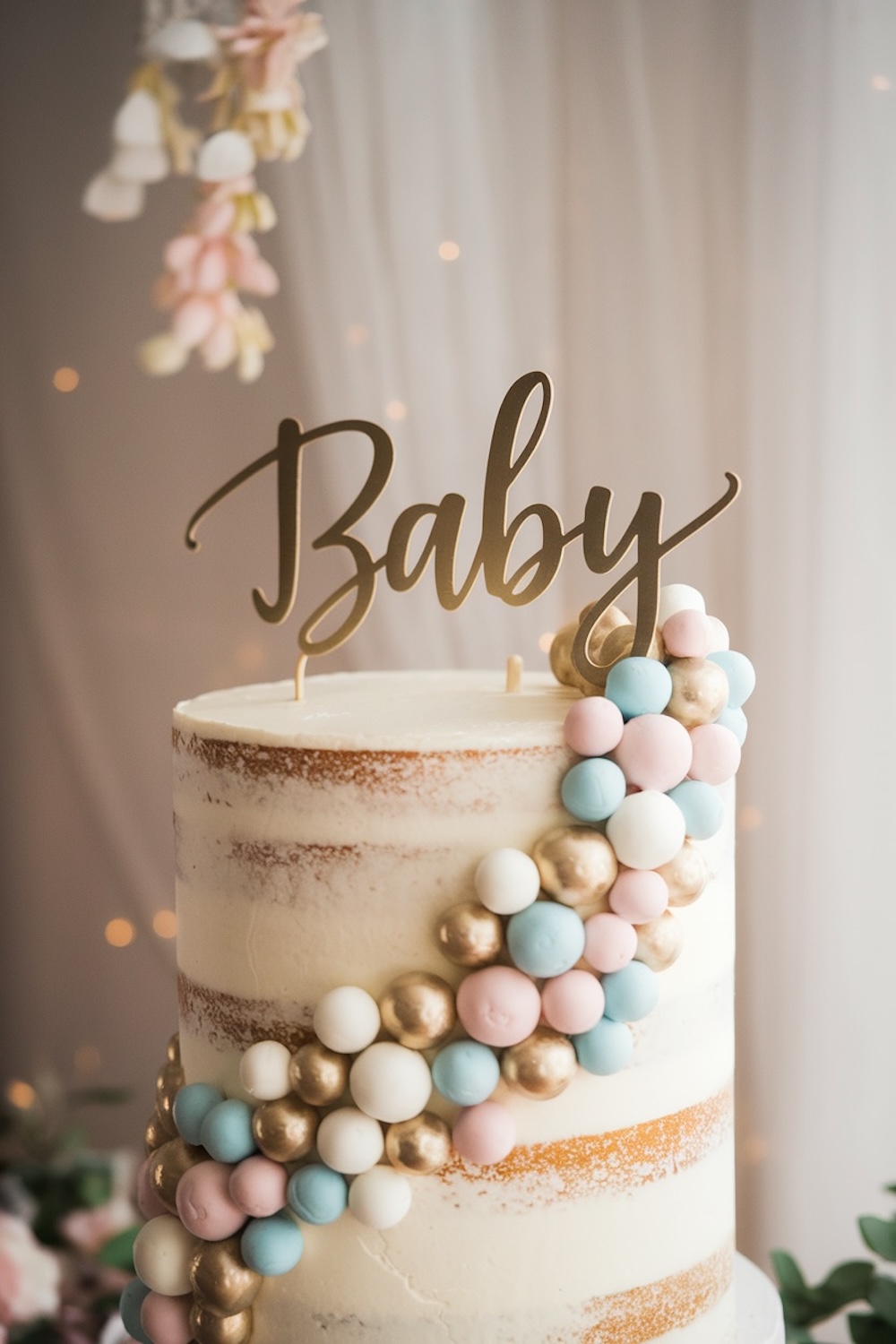 A semi-naked cake with elegant layers, decorated with a cascade of gold, blue, and pink spheres, perfect for a gender reveal with a touch of sophistication.
