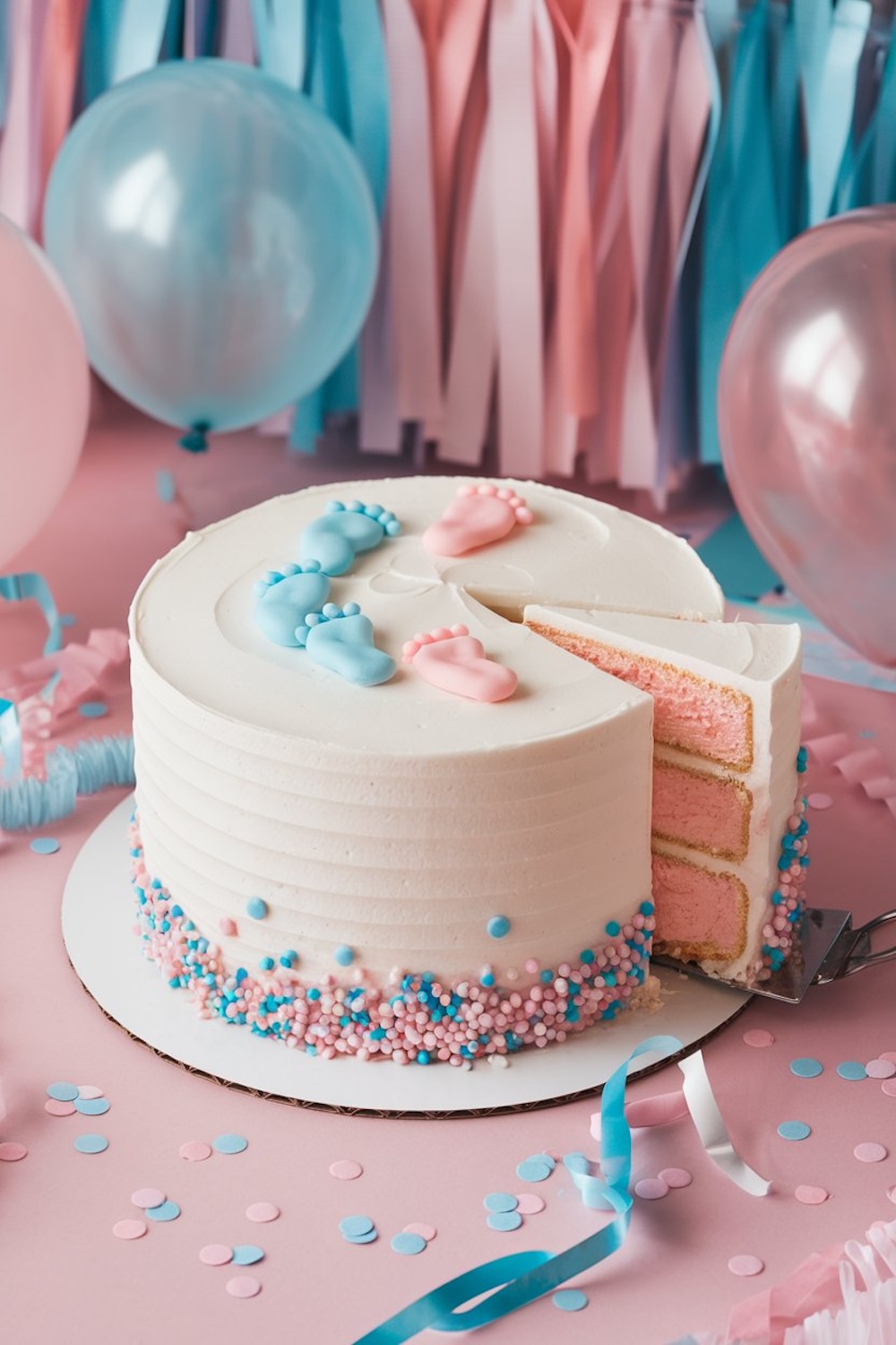 A charming cake with pink and blue baby footprints, surrounded by confetti sprinkles, ideal for a playful gender reveal.