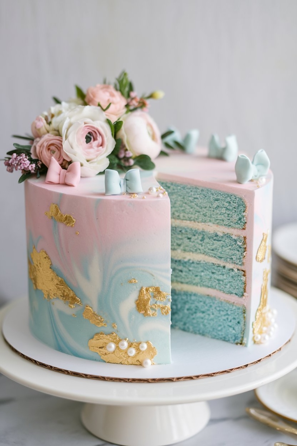 A striking marbled cake with gold accents and delicate floral decorations—an elegant way to reveal the gender in sophisticated style.