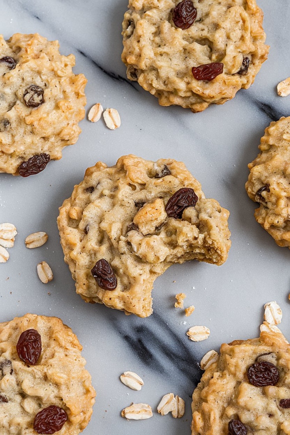  Several oatmeal raisin cookies arranged on a smooth marble background with scattered oats and raisins, creating a simple yet elegant look. 
