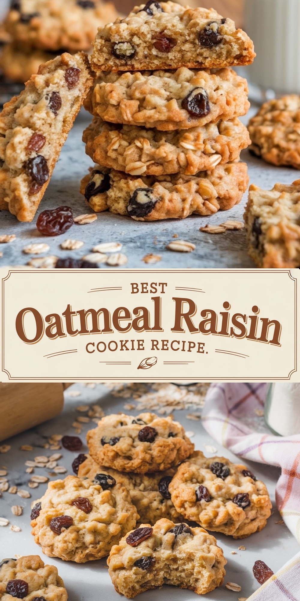  A rustic presentation of oatmeal raisin cookies piled high, with a broken cookie on top revealing a soft, oat-filled center and juicy raisins. Text overlay reads "Best Oatmeal Raisin Cookie Recipe," adding a cozy, homemade appeal. Loose oats and raisins scattered around enhance the inviting, homemade vibe.

