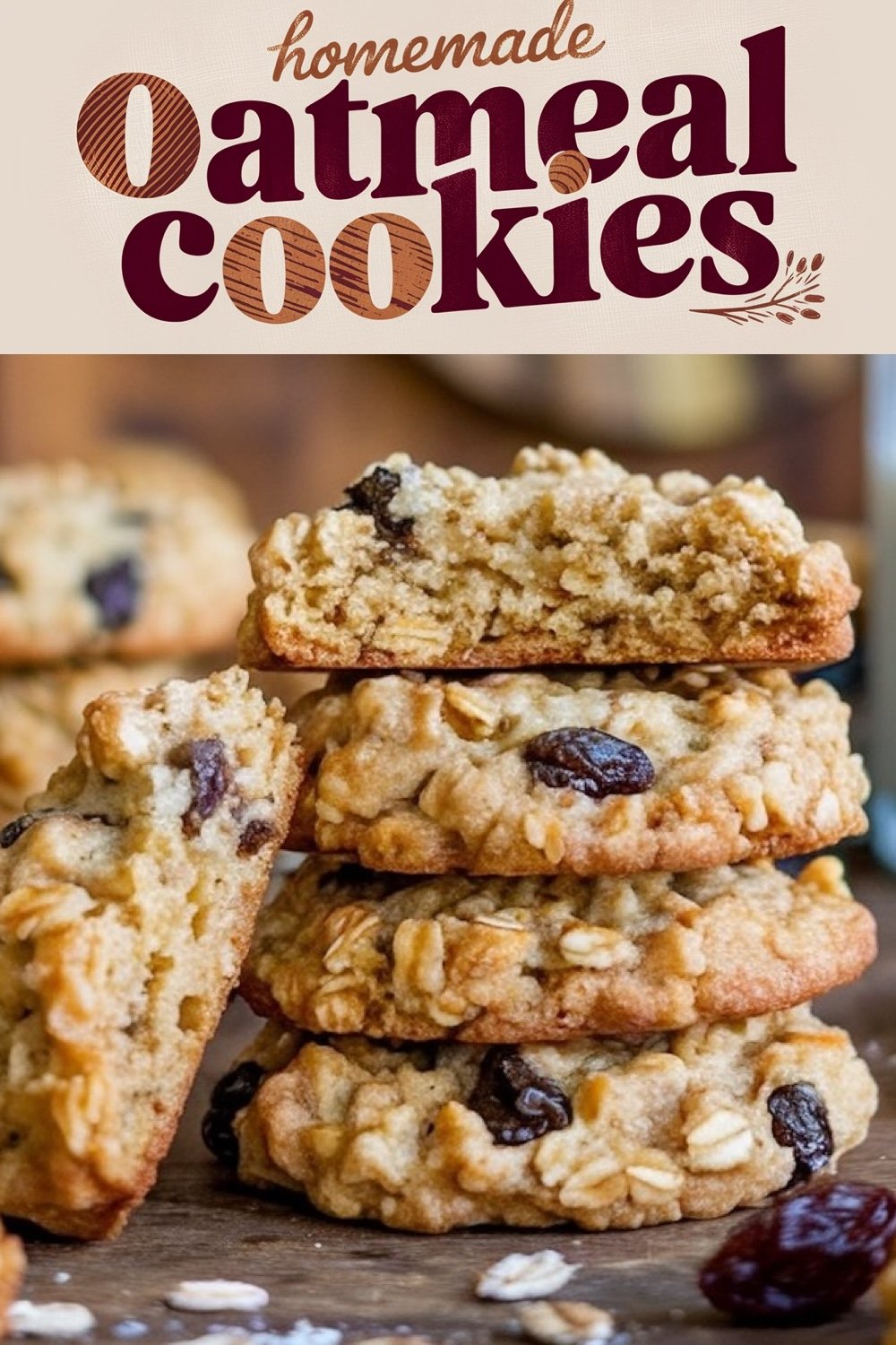 A stack of freshly baked homemade oatmeal cookies with golden edges and a soft, chewy texture, featuring whole oats and plump raisins. One cookie is broken in half, showcasing a moist interior filled with raisins. The header text "Homemade Oatmeal Cookies" highlights this classic comfort treat.