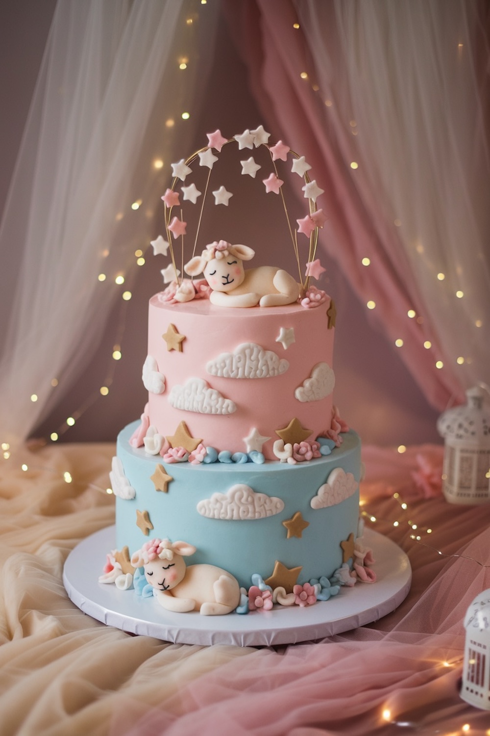 A dreamy two-tier cake, adorned with pastel lambs, stars, and clouds, creating a peaceful and heartwarming gender reveal.