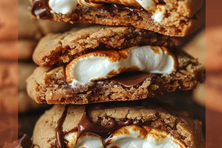 A close-up of three gooey s’mores cookies stacked on top of each other, with toasted marshmallow and melted chocolate oozing from the centers, highlighting the soft, chewy texture of the cookie.