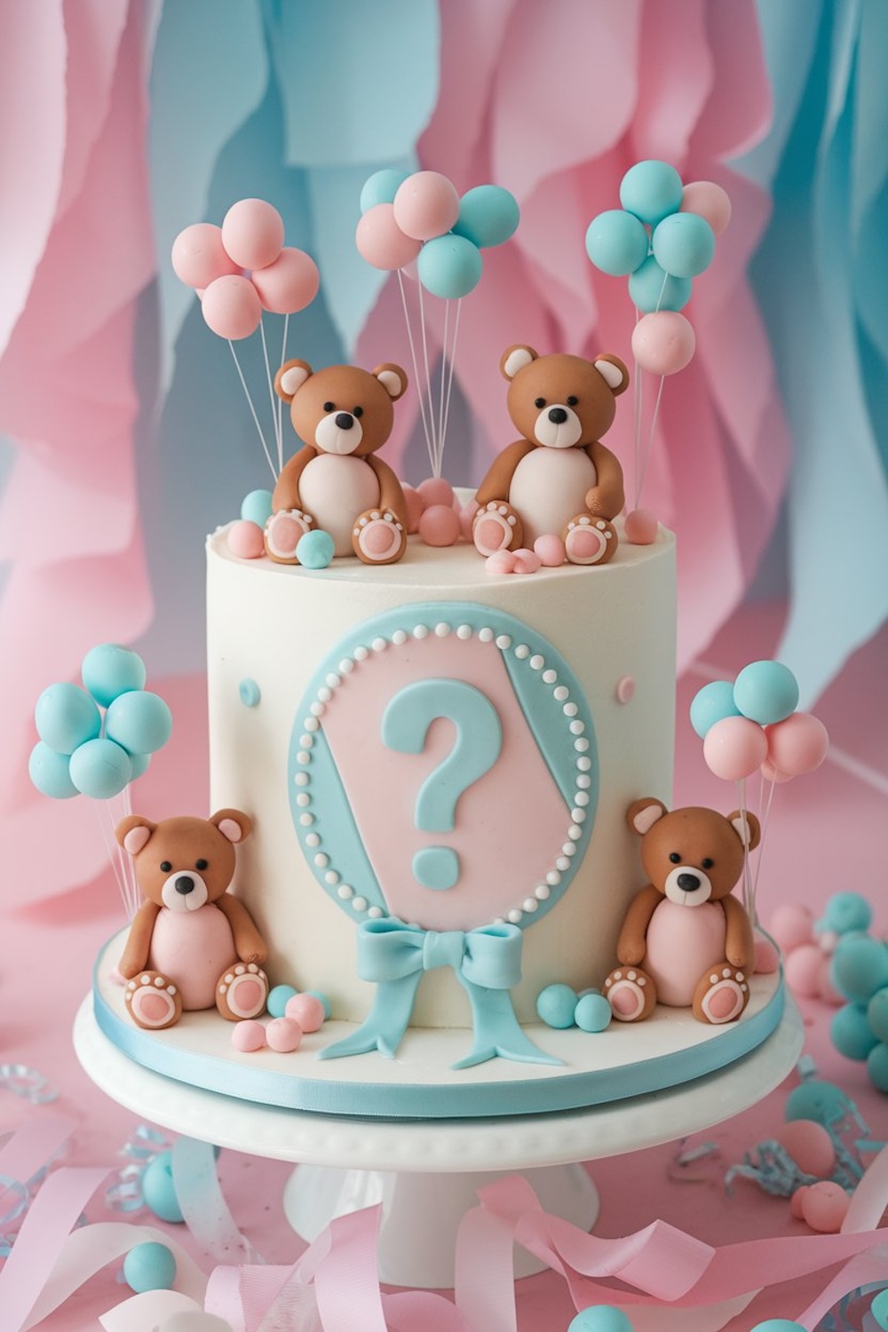 This cake features cute teddy bears holding pink and blue balloons, making it a playful and fun way to announce the gender.