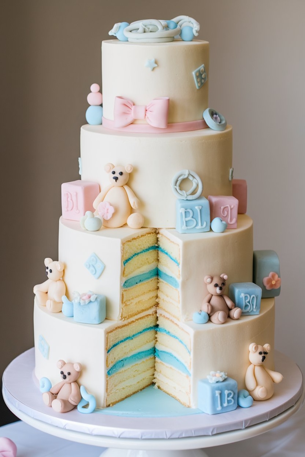 A whimsical three-tier cake adorned with teddy bears, baby blocks, and pastel details, making it the perfect centerpiece for your special reveal.