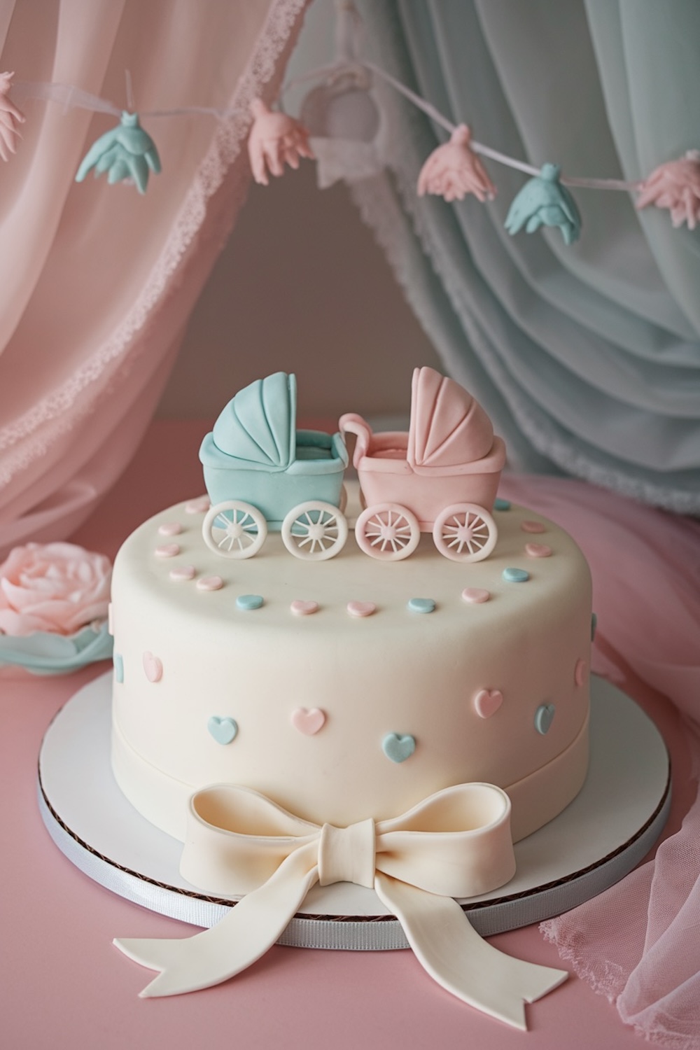 An adorable fondant-covered cake featuring two pastel baby carriages, one pink and one blue, symbolizing the excitement of the big reveal.