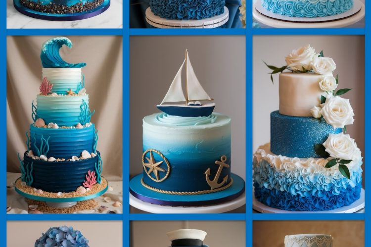 birthday cake aesthetic blue ideas, collage of different types of blue cakes ideas