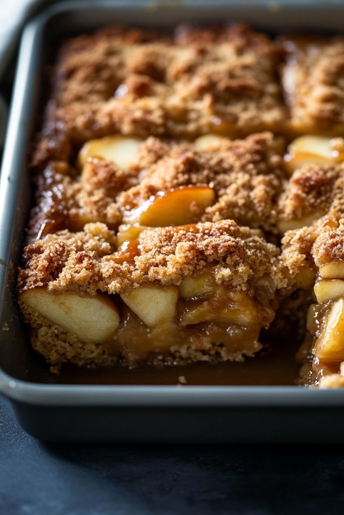 A warm, homemade caramel apple dump cake in a pan, showing layers of sweet, gooey caramel, tender baked apples, and a crunchy brown sugar topping.