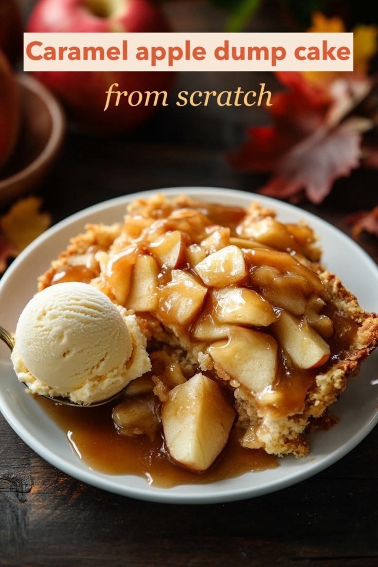 Warm caramel apple dump cake served with a scoop of vanilla ice cream, featuring a homemade crust and chunks of tender apples in a caramel glaze, perfect for fall dessert lovers.