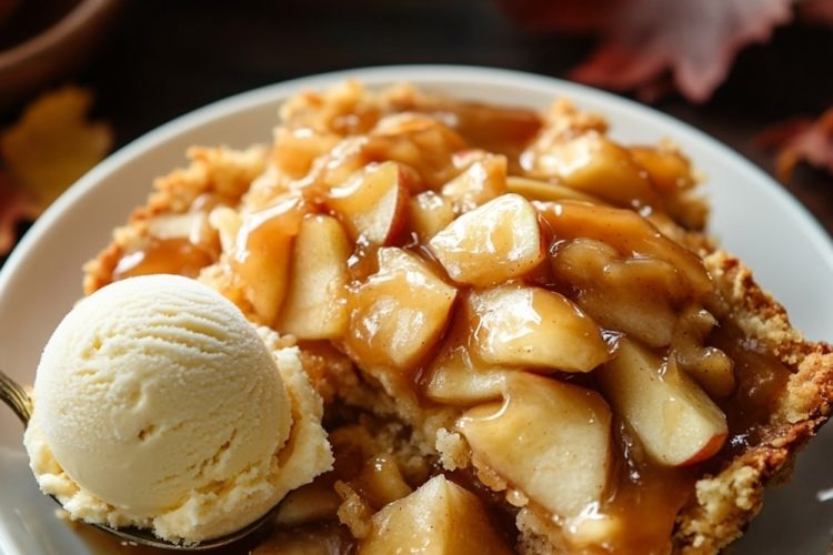 Warm caramel apple dump cake served with a scoop of vanilla ice cream, featuring a homemade crust and chunks of tender apples in a caramel glaze, perfect for fall dessert lovers.