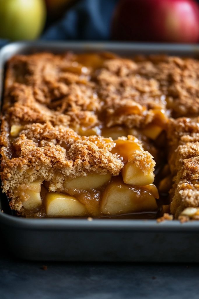 Close-up of a perfectly baked caramel apple dump cake, featuring juicy apple slices coated in caramel and topped with a buttery, crisp crumble.