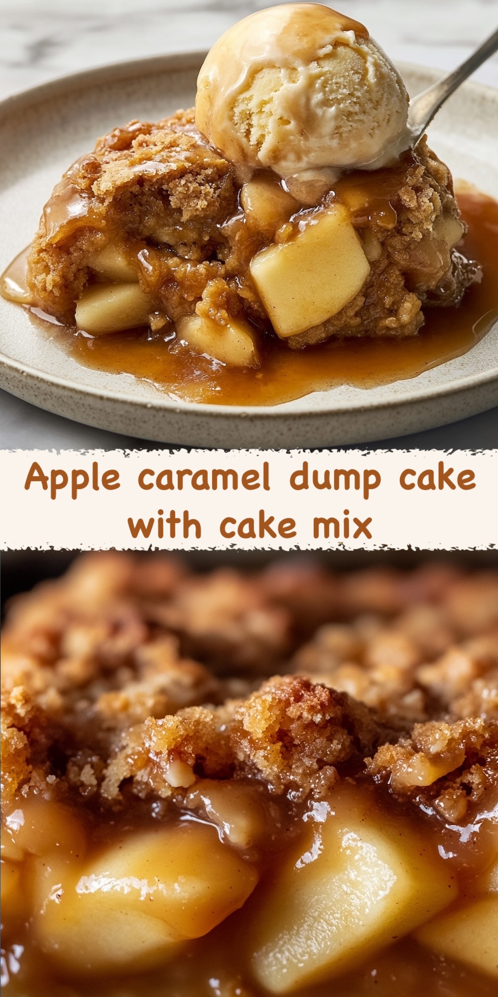 Close-up of an apple caramel dump cake topped with a scoop of melting vanilla ice cream, highlighting the soft apples and crumbly cake mix, oozing with rich caramel sauce.