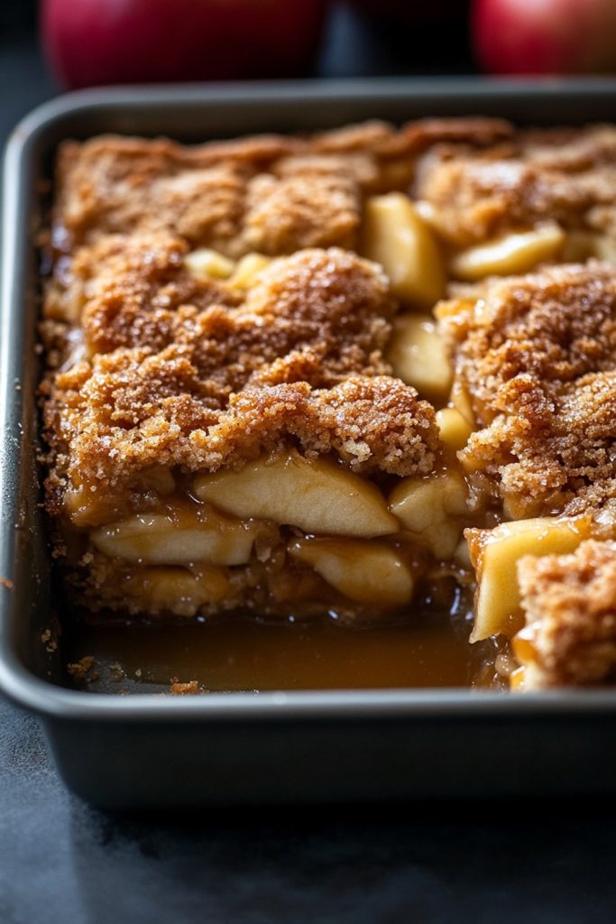 Freshly baked caramel apple dump cake with a golden, crumbly topping and tender, cinnamon-spiced apples in a rich caramel sauce, served warm in a baking pan