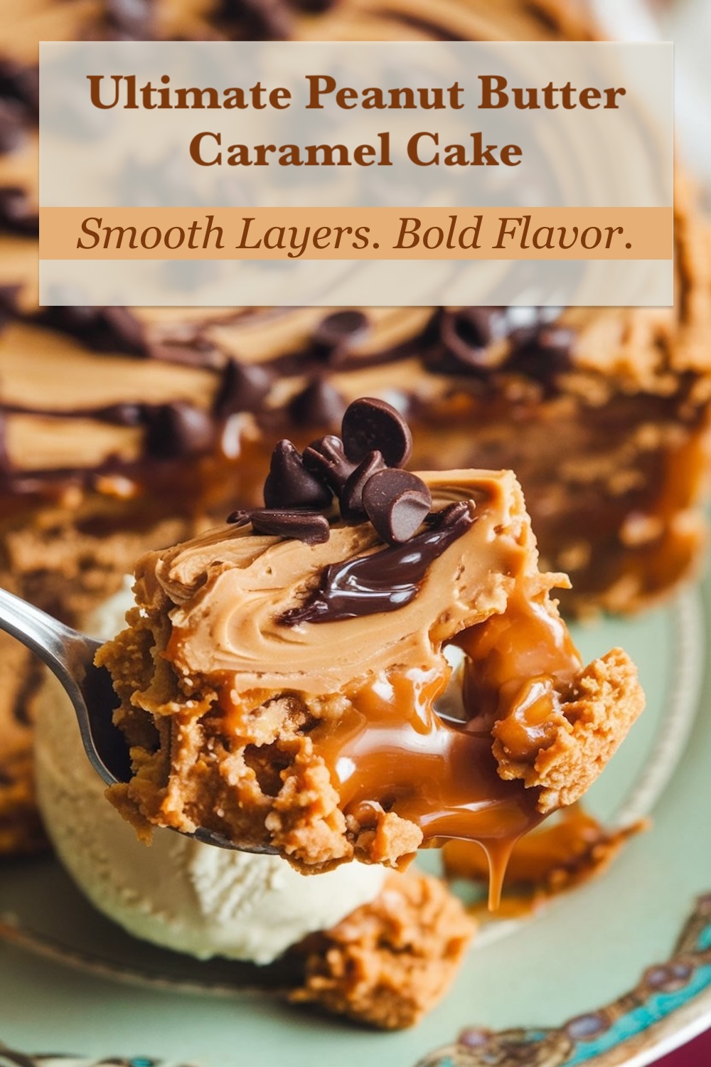 Close-up of a peanut butter caramel dump cake slice dripping with caramel, served with ice cream, with a text overlay that reads 'Peanut Butter Caramel Cake' and 'Rich, Creamy & Ooey-Gooey'.