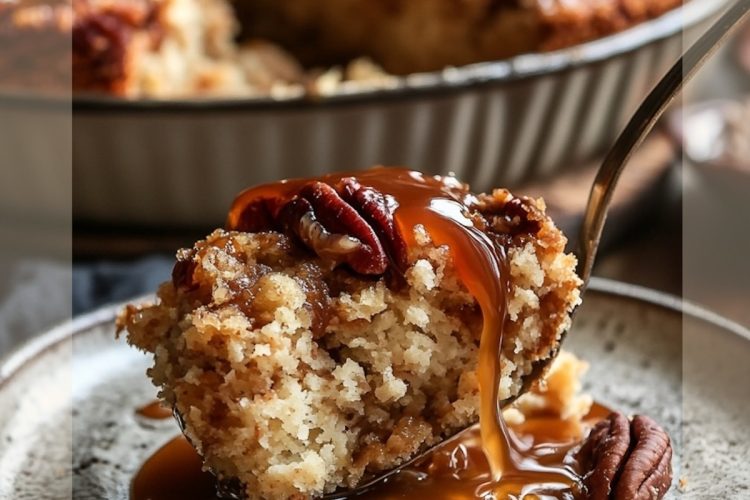 A plated serving of caramel pecan dump cake with caramel sauce cascading down the sides. Whole pecans are scattered around the plate. The background shows the full cake in a round dish. A semi-transparent text overlay at the top reads “Caramel Pecan Dump Cake.”