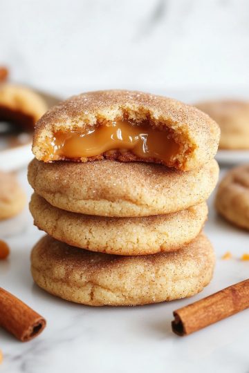 caramel stuffed cookies with caramel in the middle stacked on three rows