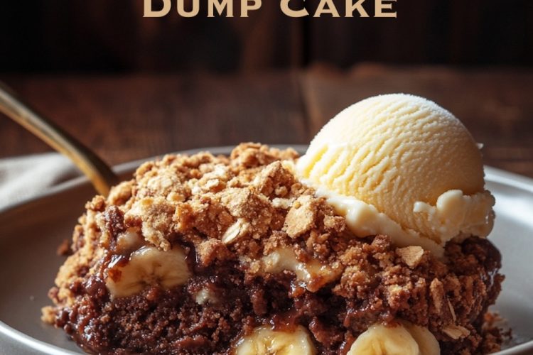 A plate of homemade chocolate banana dump cake topped with a scoop of vanilla ice cream, featuring a rich chocolate base with banana slices and a crunchy crumble topping