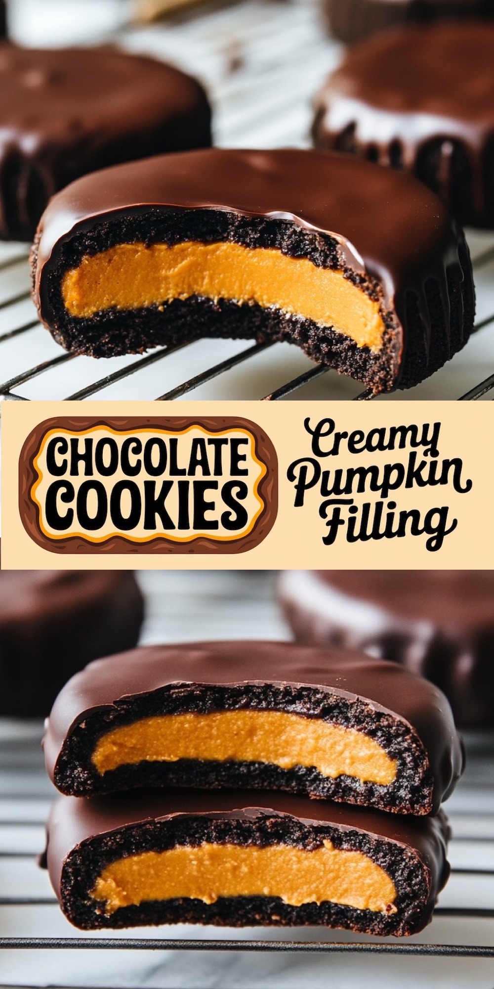 Chocolate cookies filled with creamy pumpkin, fully coated in chocolate. The top cookie is cut in half, showing the bright pumpkin filling contrasted against the dark chocolate.