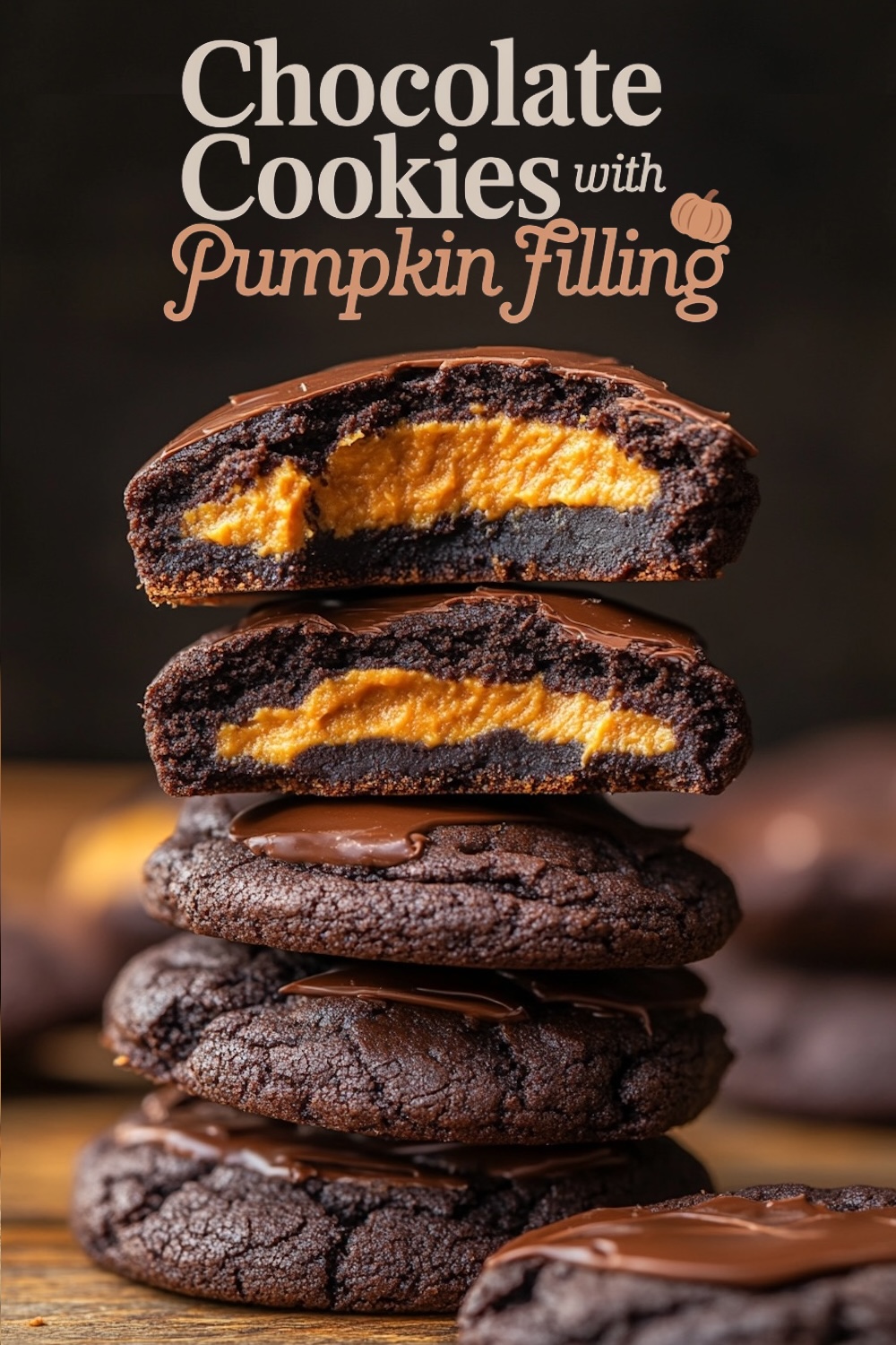 A stack of chocolate cookies, the top one split open to reveal a creamy orange pumpkin filling inside, with a shiny chocolate coating.