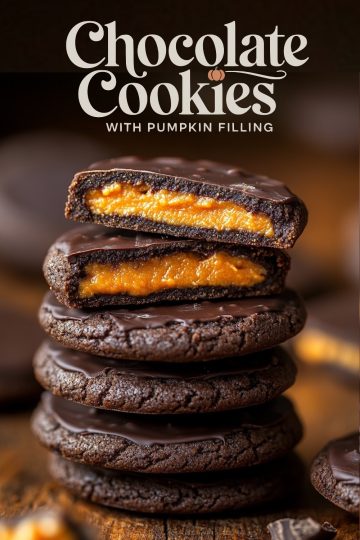 Stack of chocolate cookies with a bright pumpkin filling, topped with a chocolate glaze. The top cookie is split open, showing the vibrant orange filling inside.