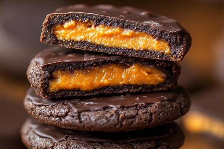 Stack of chocolate cookies with a bright pumpkin filling, topped with a chocolate glaze. The top cookie is split open, showing the vibrant orange filling inside.