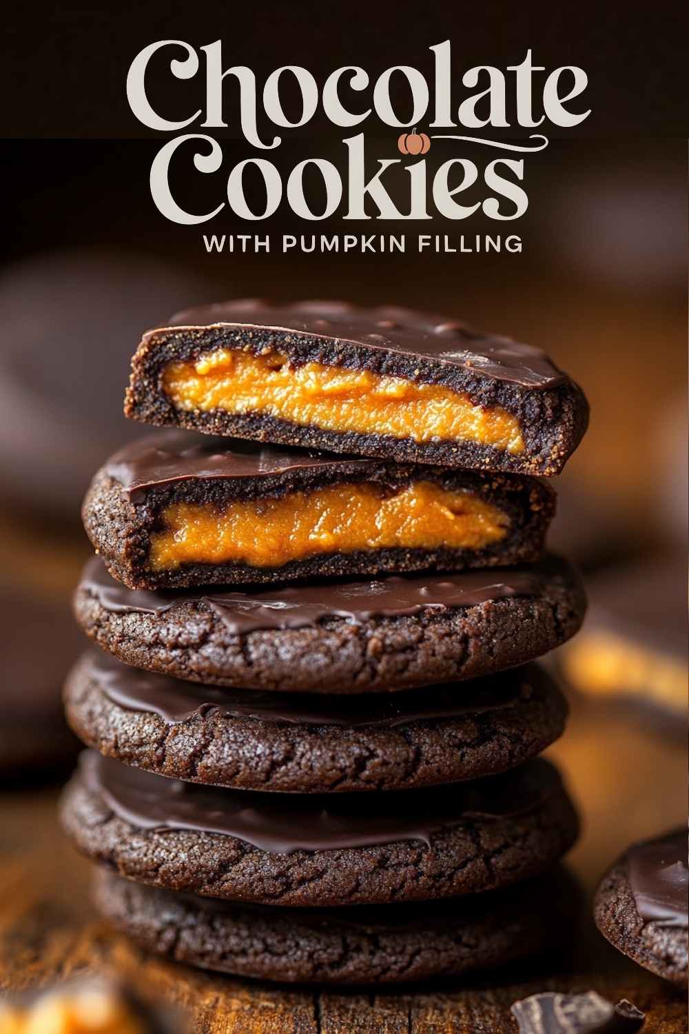 Stack of chocolate cookies with a bright pumpkin filling, topped with a chocolate glaze. The top cookie is split open, showing the vibrant orange filling inside.