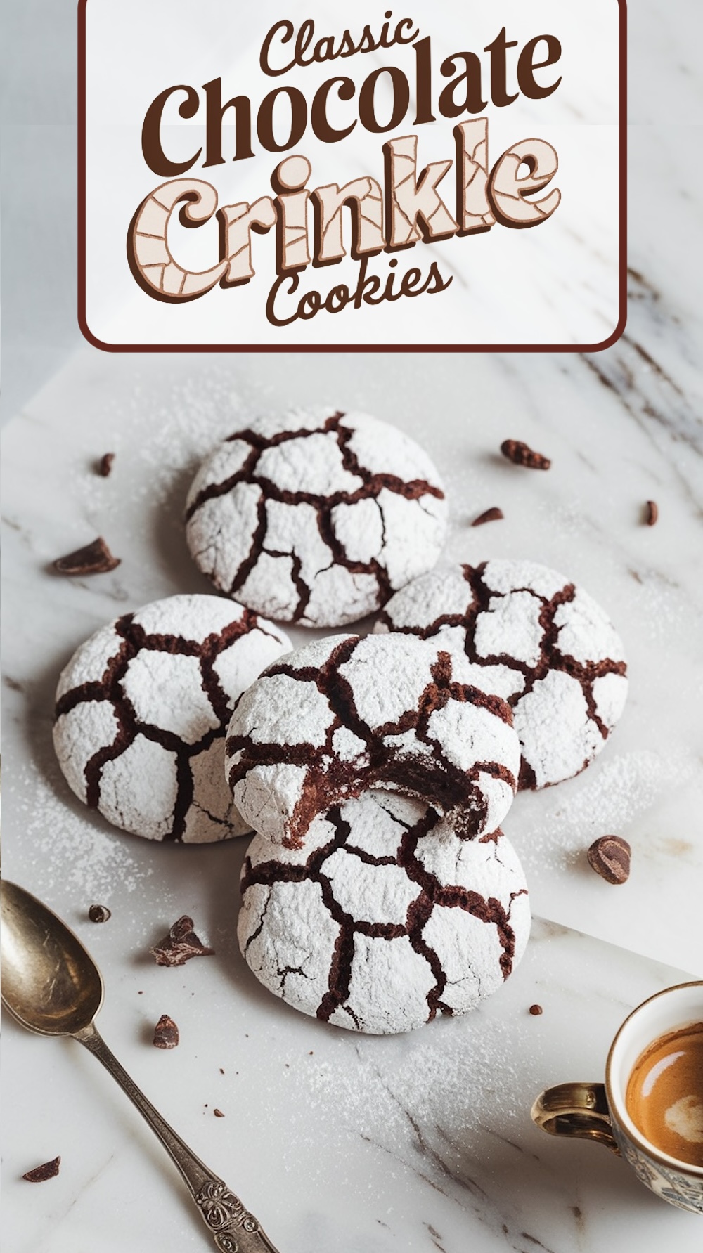 A beautifully styled plate of chocolate crinkle cookies on a marble background, dusted with extra powdered sugar and served with an espresso. The cracked, snow-covered cookies are rich and inviting, with one showing a soft bite for an enticing look at the fudgy center. The title “Classic Chocolate Crinkle Cookies” in bold, retro-style text completes the cozy, classic baking theme.
