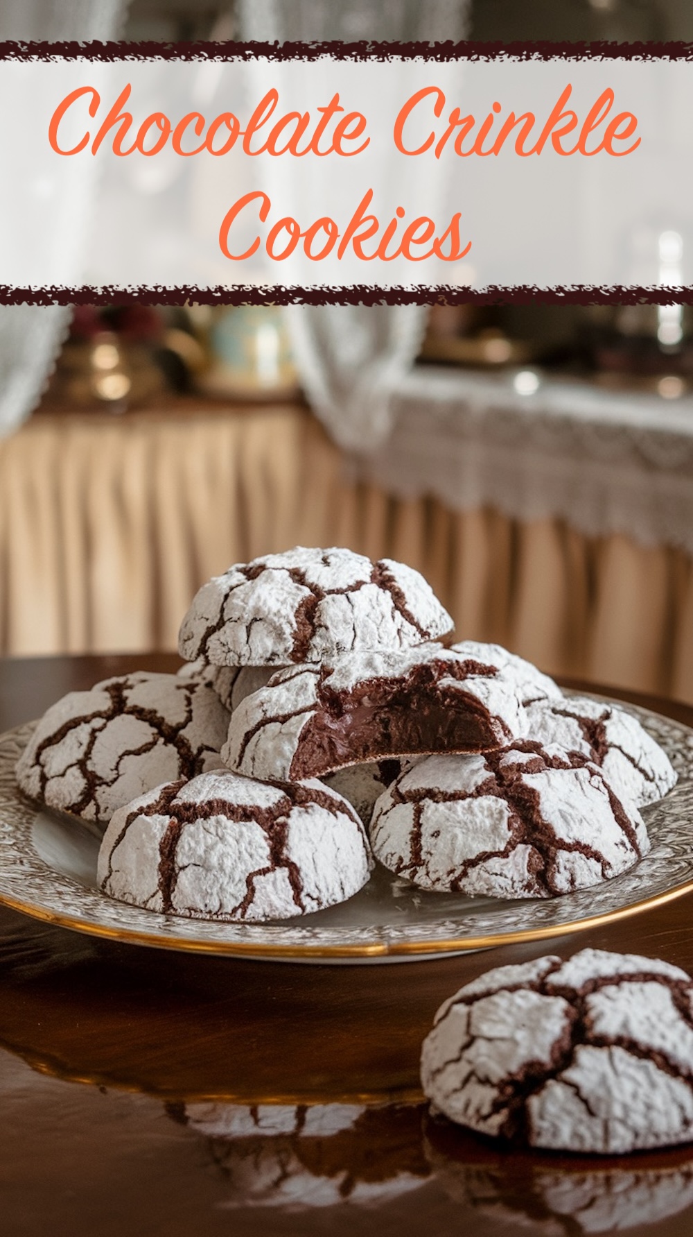 A vintage-style presentation of chocolate crinkle cookies on an ornate serving plate. The cookies are covered in powdered sugar with dramatic cracks revealing the rich chocolate interior. A bite taken from one cookie exposes a soft, fudgy center. The image is captioned “Chocolate Crinkle Cookies” in elegant lettering, evoking nostalgic holiday gatherings.