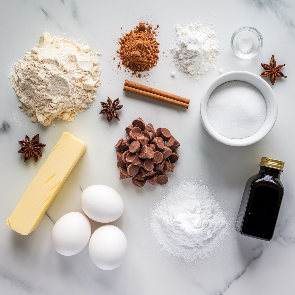 Flat lay of chocolate crinkle cookie ingredients on a marble countertop, including flour, cocoa powder, sugar, butter, eggs, vanilla extract, and chocolate chips, along with star anise and cinnamon sticks for added warmth. This visually pleasing ingredient spread highlights the essentials for homemade chocolate crinkle cookies, ready to be transformed into a holiday favorite.