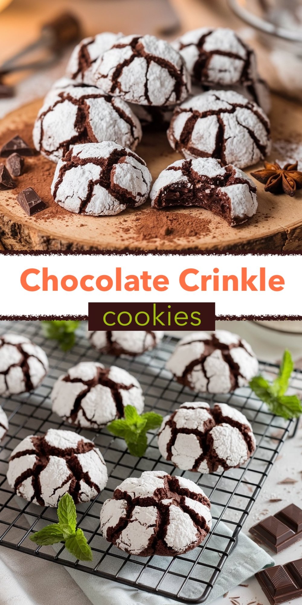 A cozy display of freshly baked chocolate crinkle cookies stacked on a wooden board, dusted with powdered sugar. Each cookie has a beautiful cracked surface with deep chocolate peeking through, creating a rich contrast against the snowy sugar. A rustic kitchen background with chunks of chocolate and spices adds warmth, making this image perfect for holiday baking inspiration.