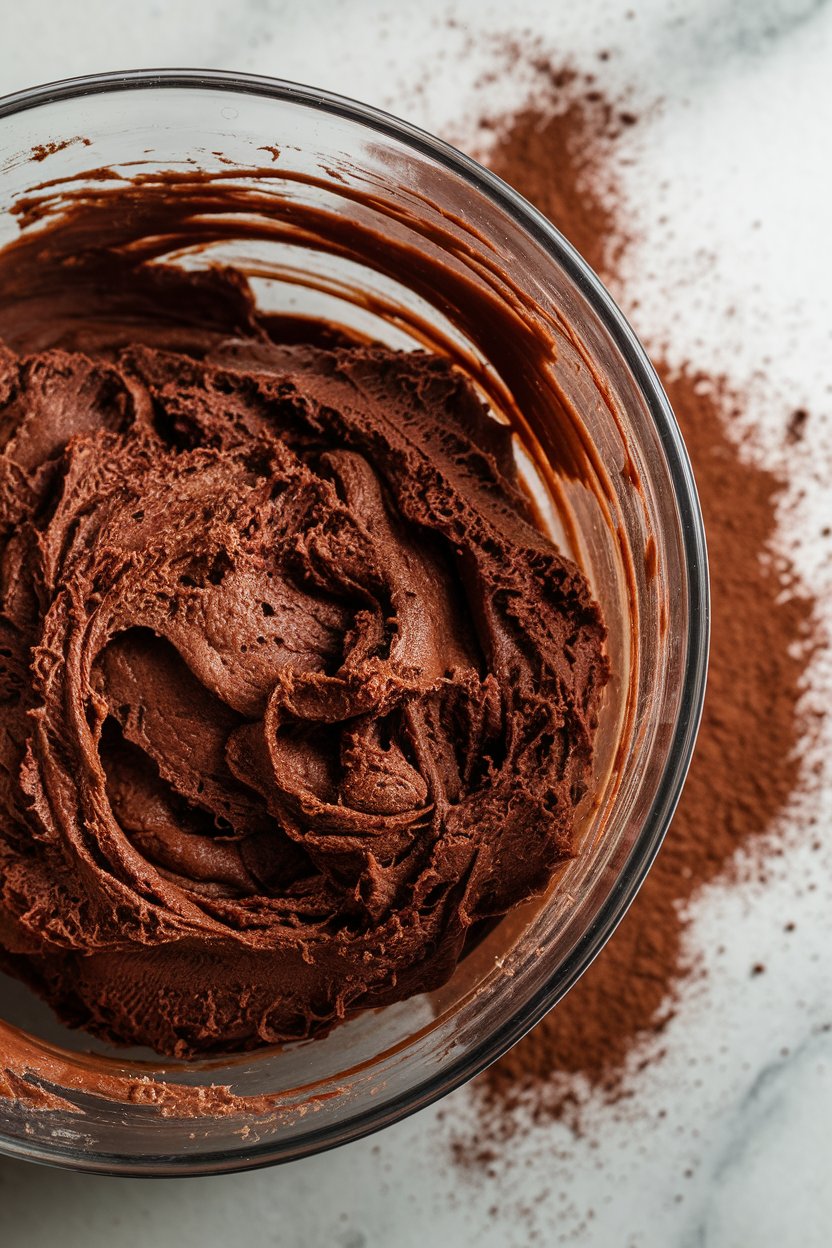 A close-up of rich, creamy chocolate cookie dough in a glass bowl, with cocoa powder scattered around it on a marble surface. The thick, decadent texture of the dough shows it’s ready for scooping and baking into classic chocolate crinkle cookies. This image captures the indulgence of homemade baking.