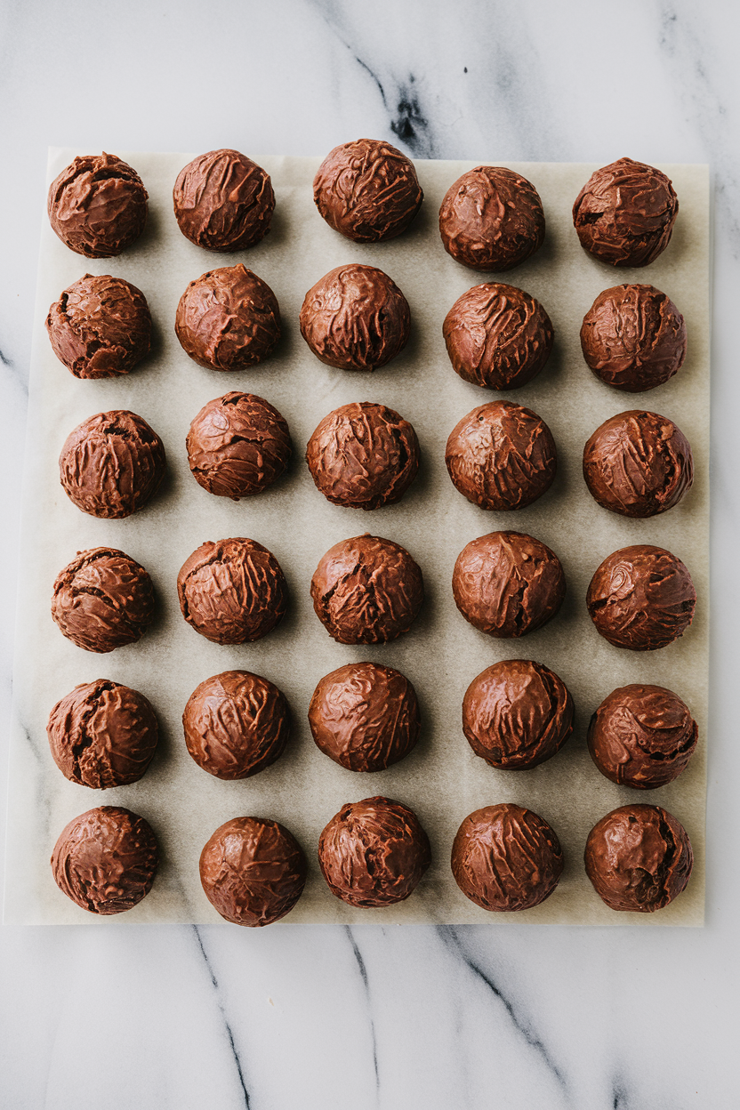 Neatly arranged chocolate crinkle cookie dough balls on a parchment-lined baking sheet, ready for the oven. The balls have a slightly rough surface, hinting at the crackled texture they’ll develop as they bake. This setup showcases the uniformity and anticipation of baking these classic cookies from scratch.